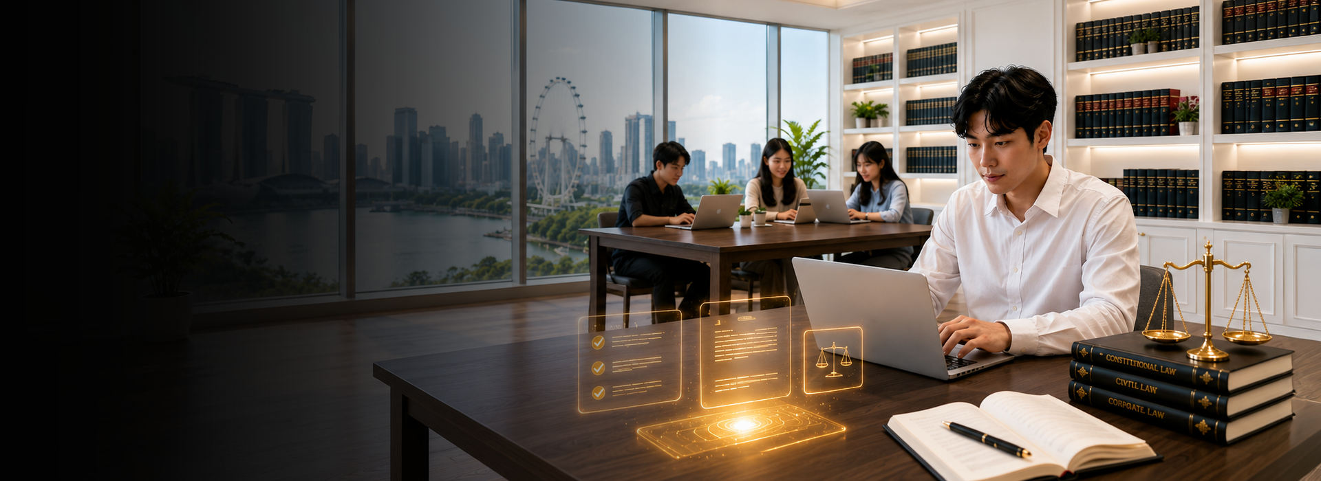 BAC law student using AI legal technology in a law library